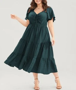 Bloomchic Ruched Drawstring Pocket Ruffle Tiered Dark Green Dress 28 5X - Picture 1 of 6