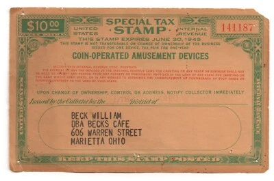 1945 $10 OHIO Green- Coin Operated Amusement Devices Special Tax Revenue Stamp * - Image 1 of 2