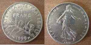 France 1 Franc 1999 Nickel Coin Semeuse Free Shipping World Francs Frcs Frc - Picture 1 of 3