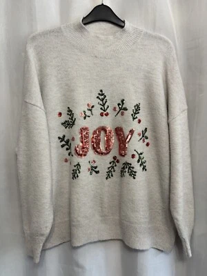 -962  Tu Sz 18 Oatmeal&Pink Sequin Joy Soft Knit Festive Xmas Jumper - Image 1 of 4