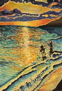Original Watercolor Painting 22x15in Maui Sunset OOAK ar4 - Picture 1 of 3