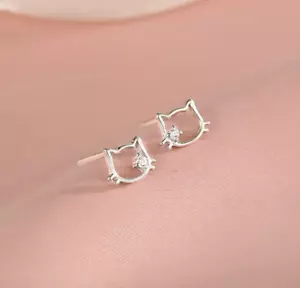 Tiny Silver Love Hello Kitty Cat Silver Kitten CZ Stud Earrings - Picture 1 of 2