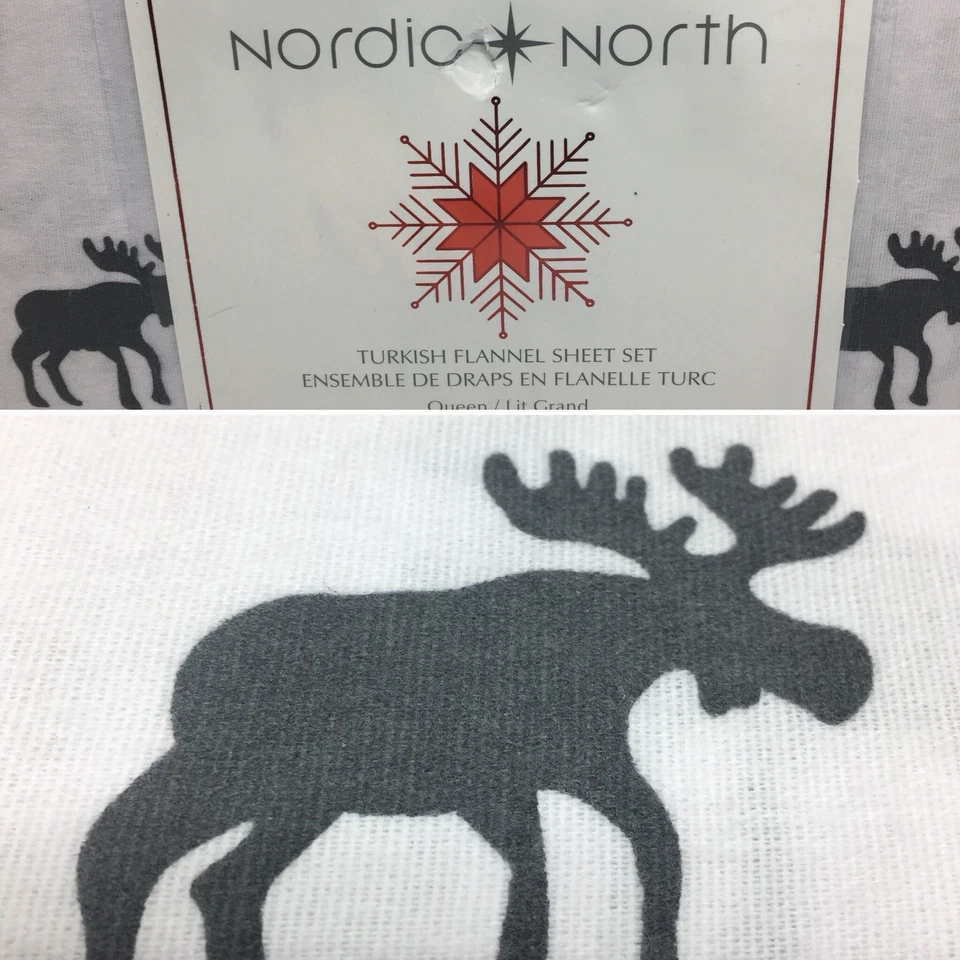 Nordic North Gray Moose Queen Sheet Set Turkish Flannel Winter Woods Cabin Lodge