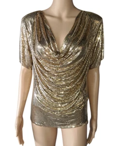 Whiting & Davis Gold Metal Top Shirt Blouse USA M VTG Scoop Cowl Neck Mesh w Bag - Picture 1 of 16