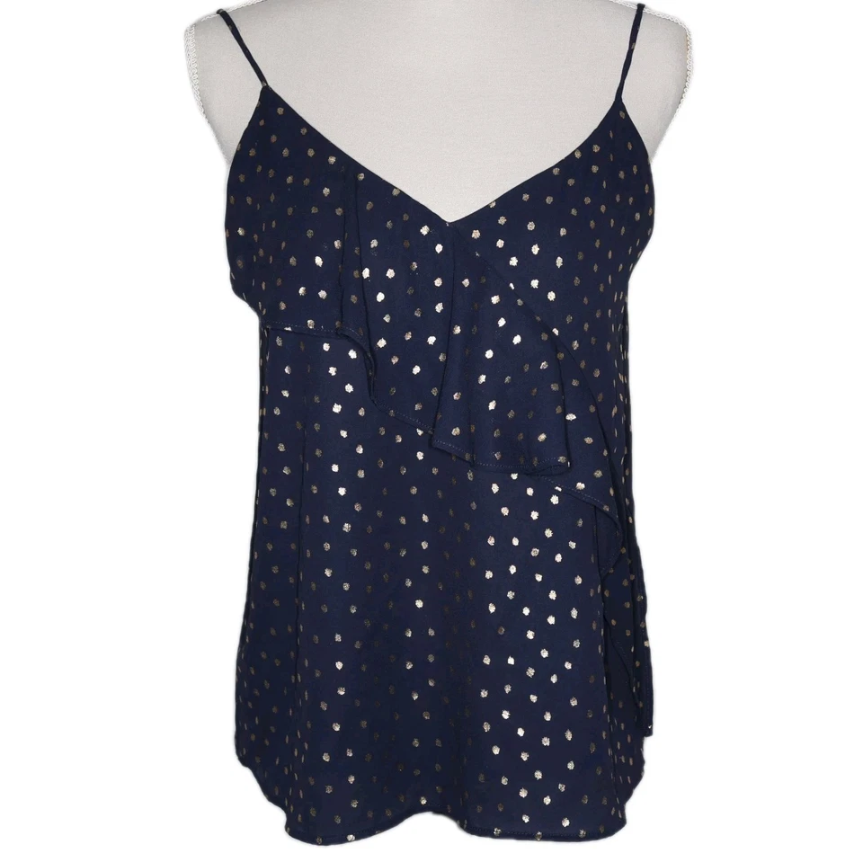 Zara Cami Top Navy Gold Size S Lightweight Floaty Layered Spot Spaghetti Straps - Image 1 of 4