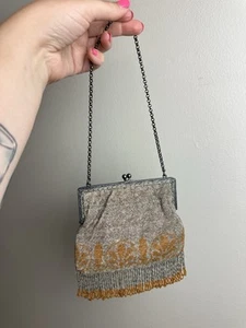 Antique 1910s Edwardian Era Silver Orange Small Beaded Purse With Fringe - Picture 1 of 10