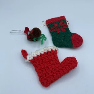 Vintage Handmade Knitted Christmas Stocking Tree Ornaments Rudolf Folk Art Lot 3 - Picture 1 of 4