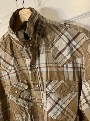 Camisa vintage Plains Western Wear para hombre L abotonada a cuadros perla a presión marrón azul Foto 1 de 4