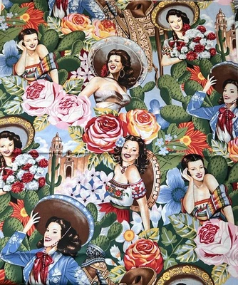 Alexander Henry Las Senoritas Fabric Latina Sexy Pin-up 2005 OOP VTG 45x29 - Image 1 of 4
