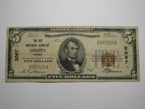$5 1929 Goshen Indiana IN National Currency Bank Note Bill Charter #2067 FINE - Picture 1 of 3