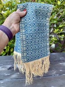 Antique 19th Century Prim Blue Overshot Wool Linen Woven Textile Fringed Towel - Picture 1 of 17