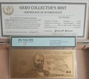 $50 United States Legal Tender 24kt Gold (2009) Golden Banknote - Picture 1 of 11