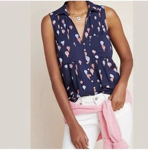 Maeve Anthropologie Navy Blue Hot Air Balloon Sleeveless Printed Top Small NWT - Picture 1 of 6