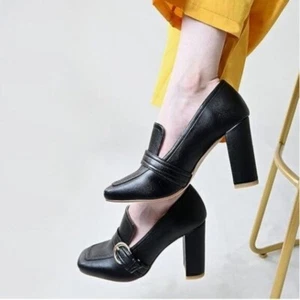 YDN Black Chunky High Heels Square Toe Loafer Shoes Slip On Office Pumps Buckle - Picture 1 of 8