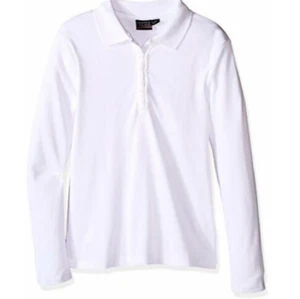 Nautica Little Girls' Uniform Long Sleeve Polo with Ruffle Placket, White, S(4) - Picture 1 of 1