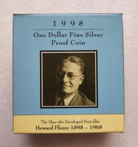 1998 One Dollar Fine Silver Proof Coin Howard Florey 1898-1968 Box - Picture 1 of 6
