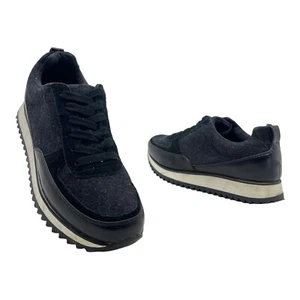 ZARA Womens 6.5 Trafaluc Wool Leather Low Top Sneakers Casual Athletic BLACK - Picture 1 of 16