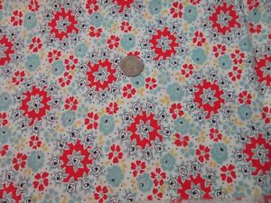 VINTAGE COTTON FEEDSACK FABRIC FLORAL RED BLUE YELLOW ON WHITE 49" x  36"