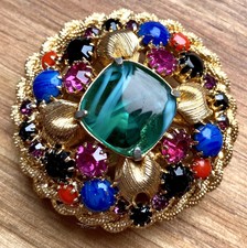 Vintage Green Art Glass Rhinestone Dome Brooch