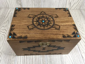 Southwest Native Turquoise Inlaid Turtle Hand Wood Burned Memory Jewelry Box - Picture 1 of 15