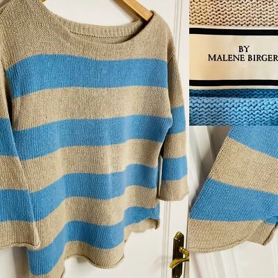Fabuloso Jersey BY MALENE BIRGER Mezcla de Lino Manga Campana Rayas Azul Topo Talla S Foto 1 de 4