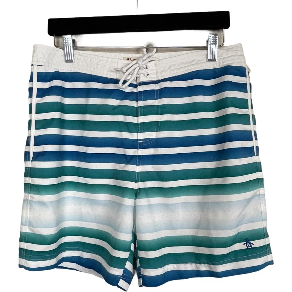 Penguin Munsing Wear Men's Size 31 Teal White Striped Swim Trunks - Image 1 of 4
