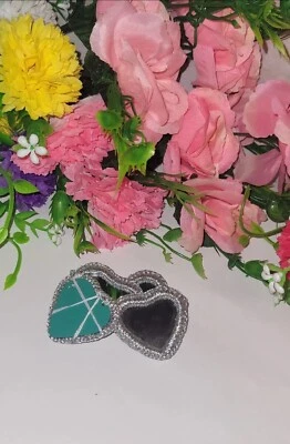 4xSilver Heart Shisha/Mirror Embroided Buttons Glue Sew on Applique Motif Patch. - Image 1 of 3