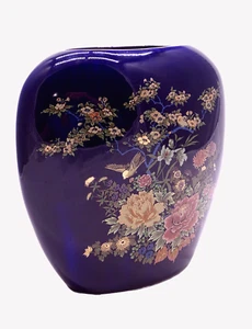 JAPANESE DEEP BLUE OVAL VASE WITH FLORAL DESIGN. 1980's.  ORIG. $100, NOW $45. - Picture 1 of 6