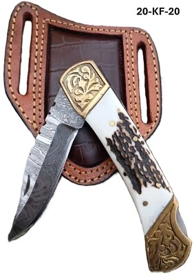 Cuchillo de Bolsillo 10 PIEZAS CUERNO DE CIERVO FORJADO A MANO DAMASCO Acero Plegable Lockback con FUNDA Foto 1 de 4