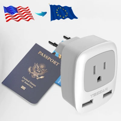 Adaptador de corriente enchufe de viaje europeo con 2 USB a Islandia Francia Italia España UE Foto 1 de 4