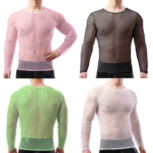 Camiseta para hombre Ver a través de malla de malla manga larga ajustada musculosa ropa de club - Imagen 1 de 45