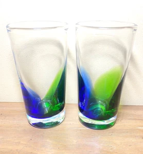 Handblown Glasses Clear w Blue & Green Swirls 1 lb. each 16 oz. capacity - Picture 1 of 6