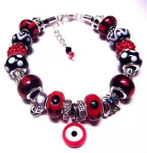 RED BLACK EVIL EYE SKULL BAT EUROPEAN MURANO GLASS BEAD CHARM BRACELET - Picture 1 of 4