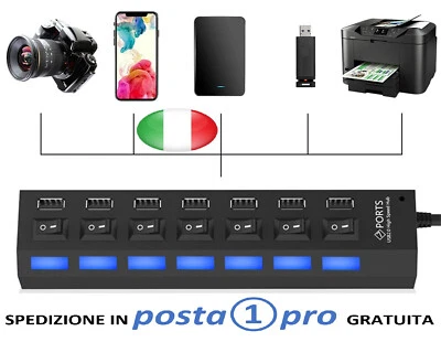 Hub USB 7 porte esterno con alimentatore multiprese slot per PC notebook mac - Immagine 1 di 4