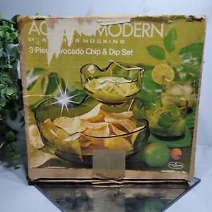 Vintage ANCHOR HOCKING 3-Piece Avocado Green Chip & Dip Set Accent Modern w. Box - Picture 1 of 5
