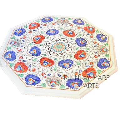 Handmade Hexagonal White Marble Inlay Table Top with Full Floral Design / lapis - Image 1 of 4