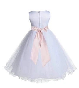 Satin White Tulle Flower Girl Dress Wedding Pageant Communion Reception Baptism  - Picture 1 of 56
