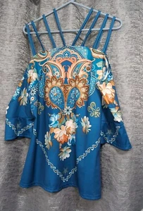 Women's Blue Floral Off Shoulder Blouse Size Large - Picture 1 of 8