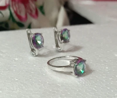 Set orecchini anello con pietre preziose forma ovale topazio mistico naturale... - Immagine 1 di 4