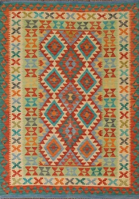 Geometric Pastel Color Reversible Kilim Oriental Area Rug 5x7 Flat Woven Carpet - Image 1 of 4