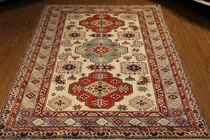 Handmade Hand Knotted Afghan Kazak Rug Ghazni Natural Wool Beige background 4x6 - Picture 1 of 11