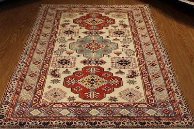 Ручной работы вручную завязанный афганский казахский ковер газни натуральная шерсть бежевый фон 4 x 6 - Изображение 1 из 4