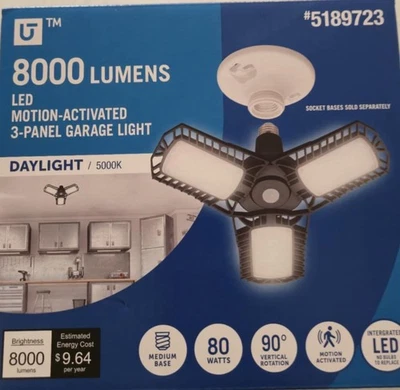 Utilitech LED Motion Activated 3Panel Garage Light 8000 Lumen 5000K Daylight NEW - Image 1 of 3