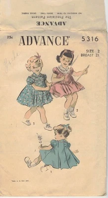 5316 Advance Toddler Size 2 Breast 21 Dress Sewing Pattern Vintage 50's COMPLETE - Image 1 of 2