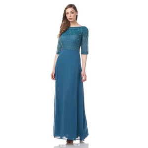 JS Collections Embellished Bodice A-Line Gown 4 3/4 Sleeve Teal Blue NWT - Picture 1 of 4