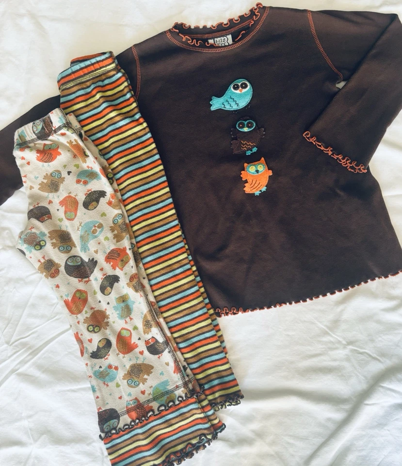 Miss Tee V-Us Girls 3-piece Fall Thanksgiving OWL Shirt Pants 5-6-7 Outfit CUTE! - Image 1 of 4
