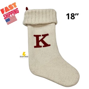 Used Christmas Stocking Cream  With Initial K  & 18 " in - Picture 1 of 7