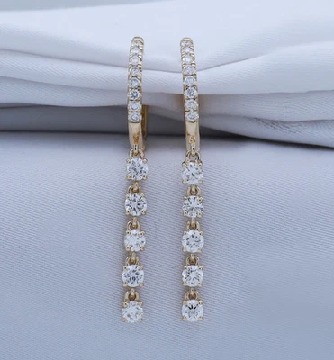 2/3 Ct Round Cut Diamond Dangle Hoop Earrings 14K Yellow Gold Lab Grown - Image 1 of 3