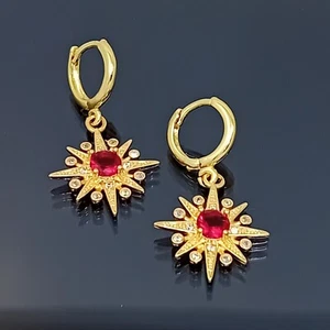 18K Gold Filled Stunning Italian Simulated Ruby Bethlehem Star 18ct GF Earrings - Picture 1 of 10