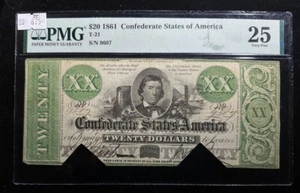 1861 T-21 $20 RARE The Confederate States of America Note -CIVIL WAR- PMG VF 25 - Picture 1 of 2